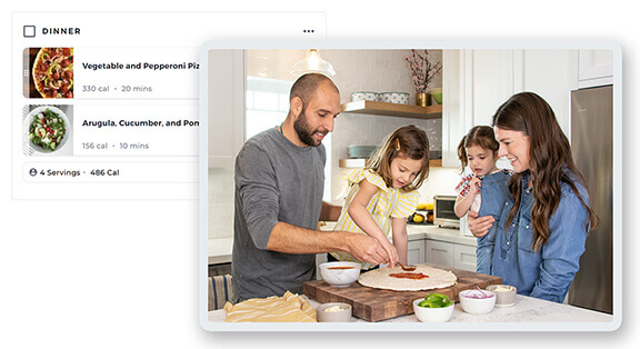 Family cooking following a recipe from the meal plan