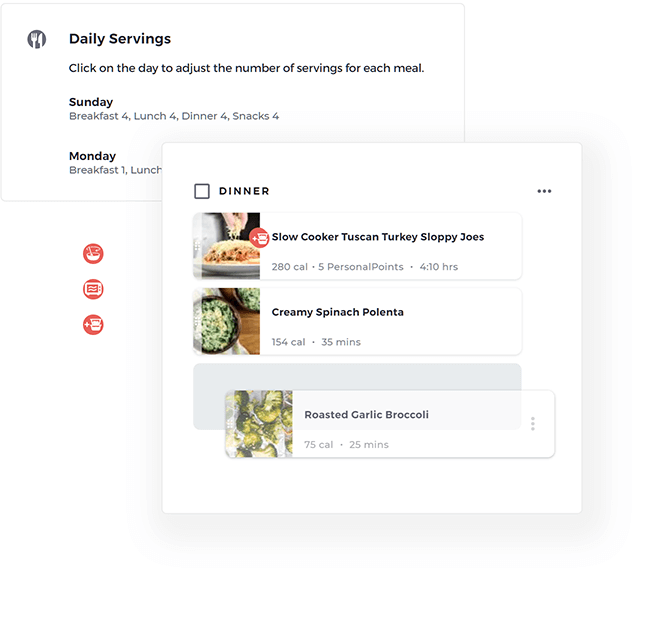Meal plan customization settings, and drag and drop of a recipe card